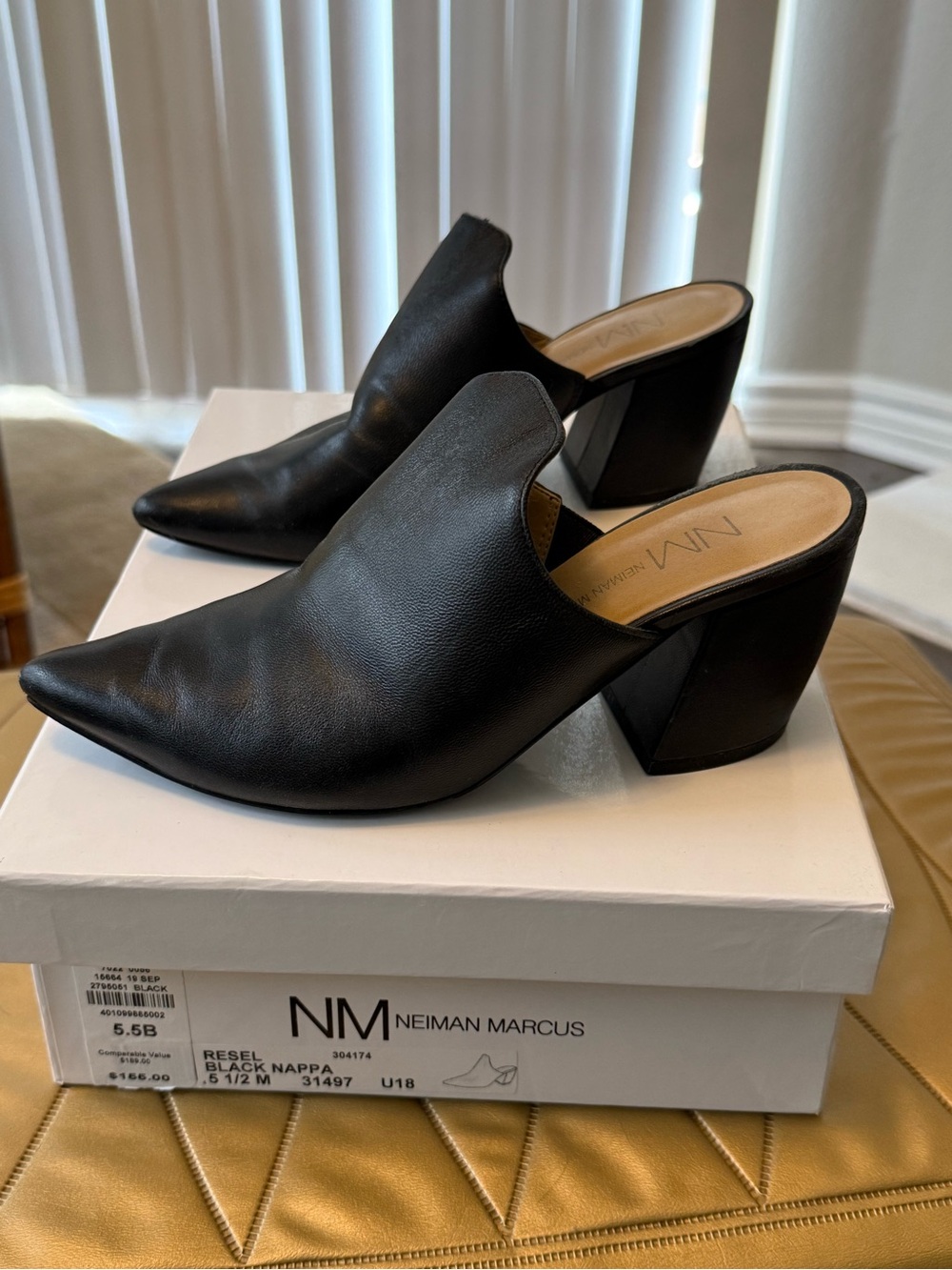 Neiman Marcus Black Leather Pointed Mule Heels with Sculpted Block Heel